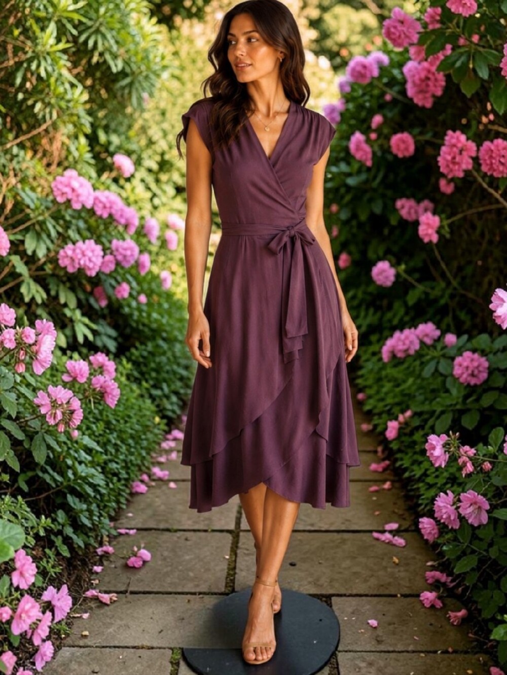True Vtg 1970s SAMUEL BLUE Dress Wrap Purple Asymmetric Ruffled Hem Flowy Disco